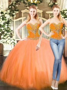 Low Price Orange Red Two Pieces Beading 15th Birthday Dress Lace Up Tulle Sleeveless Floor Length