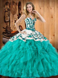 Customized Floor Length Turquoise Sweet 16 Quinceanera Dress Satin and Organza Sleeveless Embroidery and Ruffles