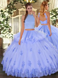Hot Selling Halter Top Sleeveless 15 Quinceanera Dress Floor Length Beading and Appliques and Ruffles Light Blue Tulle