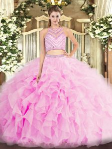 Graceful Sleeveless Backless Floor Length Beading and Ruffles Quinceanera Gown