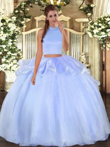 Flare Sleeveless Floor Length Beading Backless 15 Quinceanera Dress with Light Blue