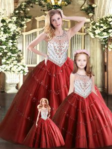 Fancy Wine Red Scoop Lace Up Beading Quinceanera Dress Sleeveless