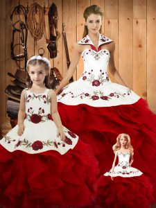 Wine Red Ball Gowns Halter Top Sleeveless Satin and Organza Floor Length Lace Up Embroidery and Ruffles Quinceanera Gowns