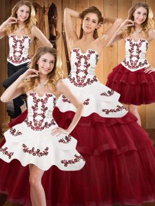 Strapless Sleeveless Lace Up Quinceanera Gowns Burgundy Satin and Organza