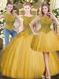 Discount Tulle Sleeveless Floor Length Sweet 16 Dress and Beading and Ruffles