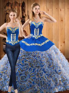 Multi-color Satin and Fabric With Rolling Flowers Lace Up Sweetheart Sleeveless With Train 15th Birthday Dress Sweep Train Embroidery