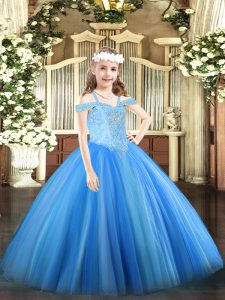 Wonderful Off The Shoulder Sleeveless Tulle Pageant Dress for Teens Beading Lace Up