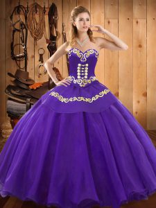 Great Purple Ball Gowns Sweetheart Sleeveless Satin and Tulle Floor Length Lace Up Embroidery Sweet 16 Dresses