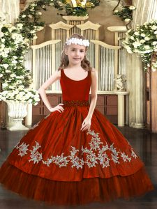 Wine Red Ball Gowns Taffeta Scoop Sleeveless Beading and Appliques Floor Length Zipper Little Girl Pageant Gowns