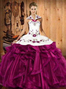 Classical Embroidery and Ruffles Quince Ball Gowns Fuchsia Lace Up Sleeveless Floor Length