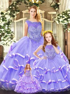 Lavender Scoop Lace Up Beading and Ruffled Layers Quinceanera Dresses Sleeveless
