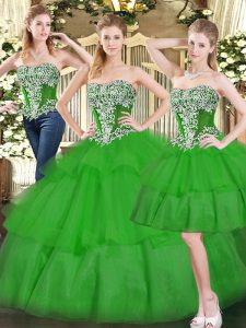 Green Two Pieces Sweetheart Sleeveless Organza Floor Length Lace Up Beading and Ruffled Layers Sweet 16 Quinceanera Dress