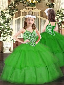 Straps Sleeveless Kids Formal Wear Floor Length Beading and Ruffled Layers Green Organza