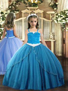 Admirable Blue Ball Gowns Tulle Straps Sleeveless Appliques Lace Up Pageant Dress for Teens Sweep Train