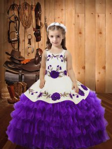 Eggplant Purple Ball Gowns Organza Straps Sleeveless Embroidery and Ruffled Layers Floor Length Lace Up Little Girl Pageant Gowns