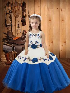 Blue Straps Lace Up Embroidery Little Girl Pageant Dress Sleeveless