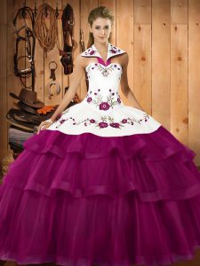 Cute Embroidery and Ruffled Layers Sweet 16 Quinceanera Dress Fuchsia Lace Up Sleeveless Sweep Train
