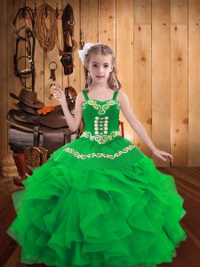 Organza Straps Sleeveless Lace Up Embroidery and Ruffles Pageant Dress Toddler in Green