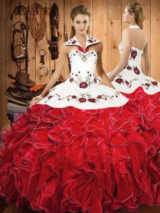 Modern Wine Red Sleeveless Floor Length Embroidery and Ruffles Lace Up Quince Ball Gowns