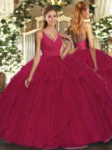 Perfect Wine Red Backless 15 Quinceanera Dress Ruffles Sleeveless Floor Length