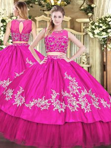 Hot Pink Zipper Scoop Beading and Appliques Quinceanera Gown Tulle Sleeveless