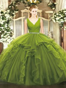 V-neck Sleeveless Zipper Quinceanera Gowns Olive Green Tulle