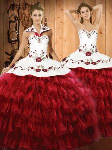 Decent Wine Red Ball Gowns Halter Top Sleeveless Organza Floor Length Lace Up Embroidery and Ruffled Layers 15 Quinceanera Dress