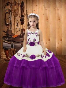 Floor Length Lace Up Little Girl Pageant Gowns Purple for Sweet 16 and Quinceanera with Embroidery and Ruffled Layers