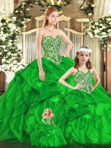 Custom Designed Green Ball Gowns Organza Sweetheart Sleeveless Beading and Ruffles Floor Length Lace Up 15 Quinceanera Dress