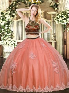Floor Length Coral Red Quince Ball Gowns Halter Top Sleeveless Zipper
