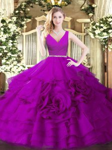 Excellent Floor Length Zipper Quinceanera Dresses Fuchsia for Military Ball and Sweet 16 and Quinceanera with Beading