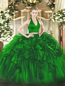 Spectacular Floor Length Green 15th Birthday Dress Organza Sleeveless Ruffles