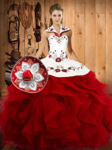 Custom Design Floor Length Lace Up Quinceanera Gowns Wine Red for Military Ball and Sweet 16 and Quinceanera with Embroidery and Ruffles