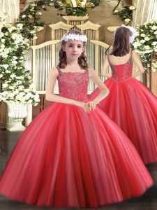 Most Popular Floor Length Lace Up Pageant Dress Womens Coral Red for Party and Sweet 16 and Quinceanera and Wedding Party with Beading