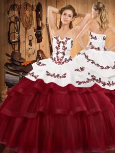 Wine Red Sleeveless Sweep Train Embroidery and Ruffled Layers Quinceanera Gown
