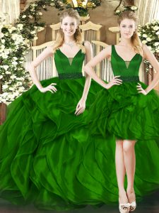 Sleeveless Floor Length Beading and Ruffles Lace Up 15th Birthday Dress with Dark Green