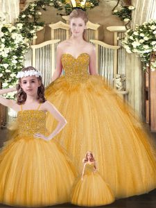 Unique Floor Length Gold Sweet 16 Quinceanera Dress Tulle Sleeveless Beading and Ruffles