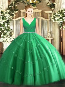 Stylish Floor Length Green 15th Birthday Dress Tulle Sleeveless Beading