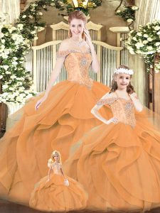 Spectacular Floor Length Orange Red Quinceanera Dresses Off The Shoulder Sleeveless Lace Up