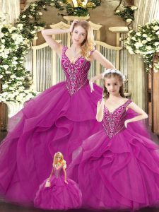 On Sale Fuchsia Straps Lace Up Beading and Ruffles Sweet 16 Dress Sleeveless