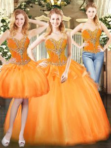 Glittering Floor Length Lace Up 15 Quinceanera Dress Orange Red for Military Ball and Sweet 16 and Quinceanera with Beading and Ruffles