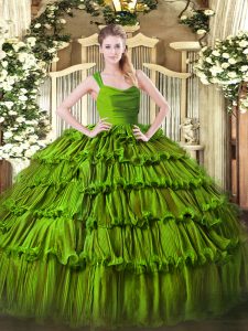 Olive Green Sleeveless Floor Length Ruffled Layers Zipper Quinceanera Gown