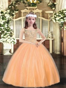 Orange Ball Gowns Beading Little Girls Pageant Dress Wholesale Lace Up Tulle Sleeveless Floor Length