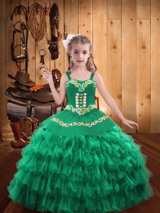 Most Popular Turquoise Ball Gowns Embroidery and Ruffled Layers Little Girl Pageant Gowns Lace Up Organza Sleeveless Floor Length