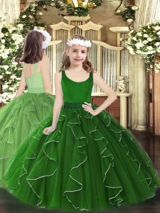 Dark Green Scoop Zipper Beading and Ruffles Pageant Dress for Girls Sleeveless