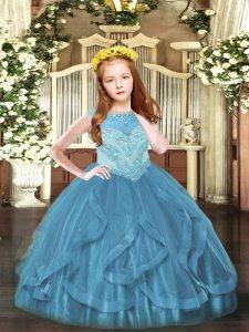 Cheap Teal Zipper Scoop Beading and Ruffles Little Girl Pageant Gowns Tulle Sleeveless