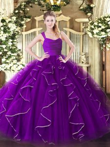Custom Design Purple Organza Zipper 15th Birthday Dress Sleeveless Floor Length Ruffles