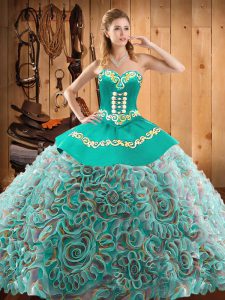 Trendy Multi-color Sweetheart Lace Up Embroidery Quince Ball Gowns Brush Train Sleeveless