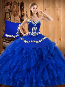 Satin and Organza Sweetheart Sleeveless Lace Up Embroidery and Ruffles Vestidos de Quinceanera in Blue