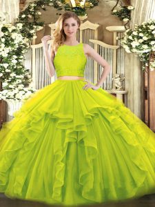 Fashion Floor Length Two Pieces Sleeveless Yellow Green Quinceanera Gown Zipper